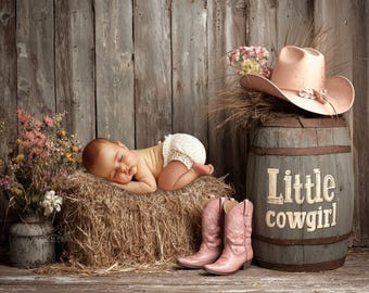 Little cowgirl digital backdrop for newborn photography, pink cowboy hat and boots virtual background, photo overlays editing template