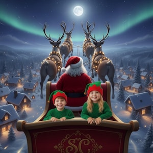 Può includere: Un'illustrazione digitale di Babbo Natale in abito rosso, che guida una slitta trainata da renne su un villaggio innevato di notte. Due bambini con maglioni verdi e cappelli da elfo sono sulla slitta. La slitta ha le lettere "SC".