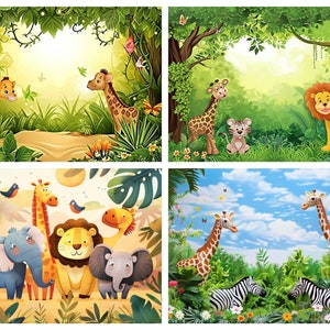 Toile de fond numérique sur le thème Safari, fond de bébés animaux mignons de la jungle, toile de fond de fête d'anniversaire safary, modèle de retouche photo, portrait en studio