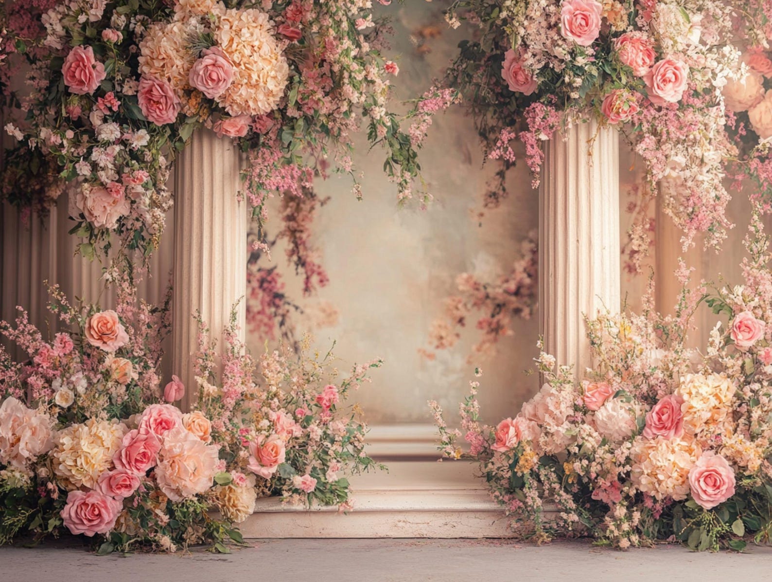 Backdrop Using Columns Elegant Digital Backdrop With Columns and Pink Peach Flowers, Floral ...