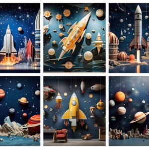 Puede incluir: Un collage de seis imágenes que representan una escena espacial con cohetes, planetas y estrellas. Las imágenes están dispuestas en una cuadrícula, con cada imagen mostrando un aspecto diferente del tema espacial.