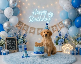 Blue Dog Birthday Digital Backdrop for Boys, Puppy Party Digital Background, Paw Print Balloon Cake Smash, Pet Birthday Photo