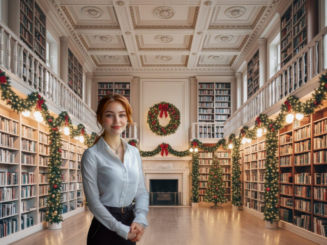 Cozy Christmas Library Digital Backdrop, Holiday Bookroom Scene ...