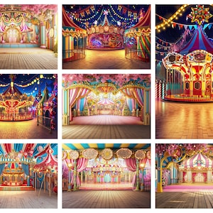 Puede incluir: Una colección de fondos con temática de carnaval. Las imágenes muestran varias escenas, incluyendo un carrusel, un escenario y estructuras de carpas, todas adornadas con colores vibrantes, luces y elementos decorativos. Los fondos están diseñados para crear un ambiente festivo.