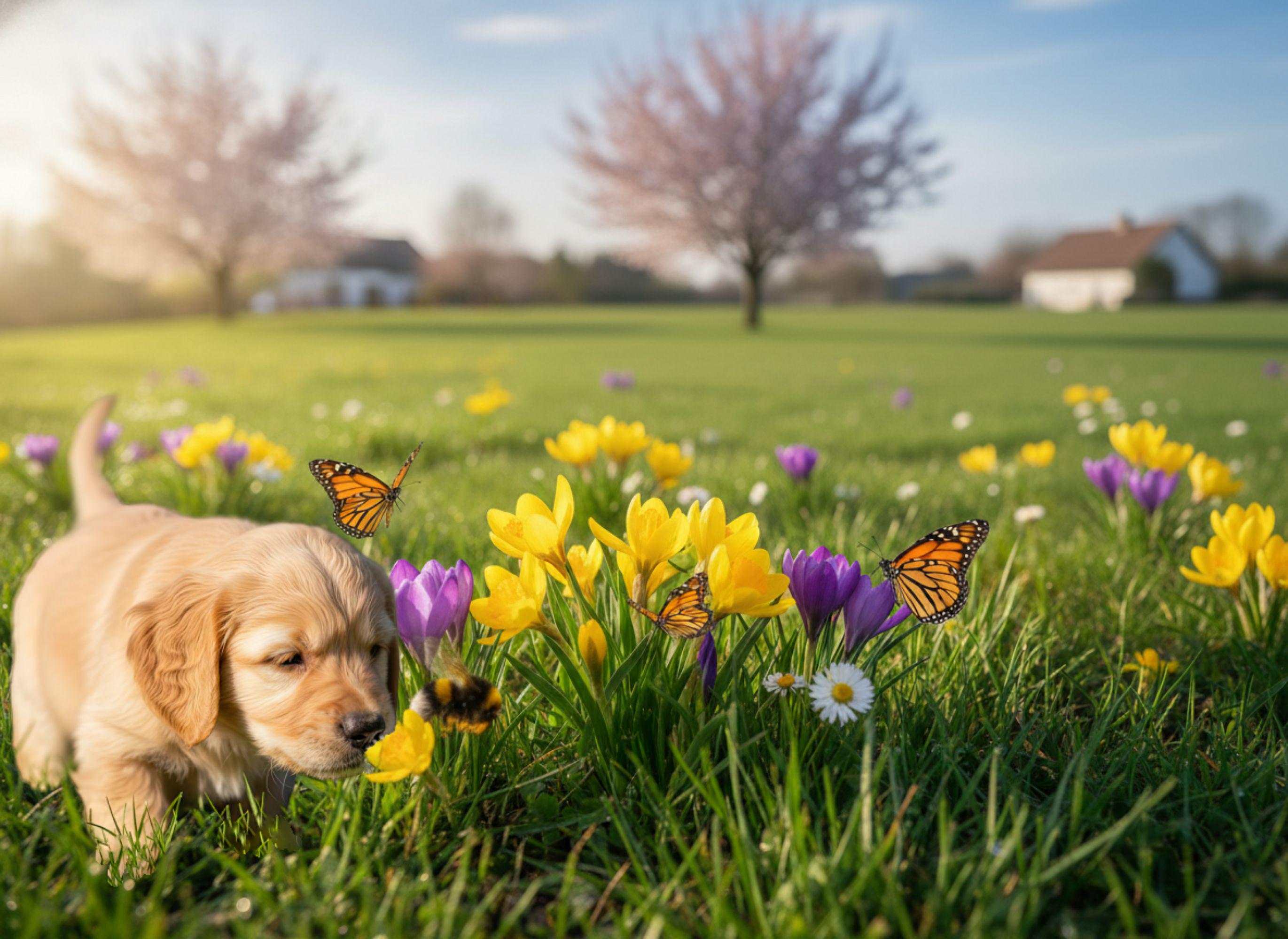 Spring Pet Digital Backdrop, Flower Field Dog Background, Butterfly ...