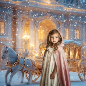 May include: A young person in a white dress and pink hooded cape stands in a snowy scene. A horse-drawn carriage and a white horse with gold accents are in the background. The scene is set in front of a grand building.