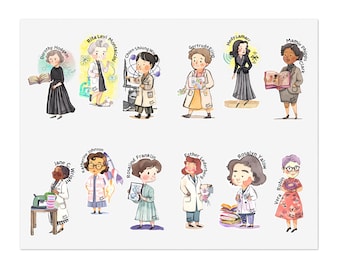 Pegatinas de científicas famosas, Lindos dibujos animados para regalo del maestro, Blancos, holográficos o transparentes.