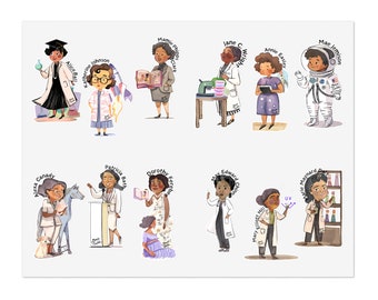 Stickers of famous Black women scientists, Cute cartoon for teacher's gift, White, holographic or transparent, wall art, Men and woman