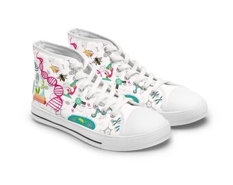 May include: A pair of white high-top sneakers featuring a colorful science-themed print. The pattern includes illustrations of DNA helices, bees, microscopes, bacteria, and various laboratory equipment scattered across the canvas fabric surface.