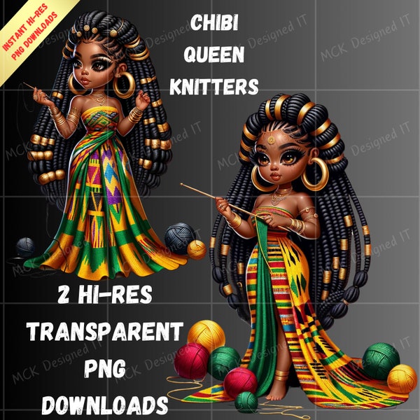 2 African American Chibi Woman knitters, Trendy, Stylish, Fashion Chibi Clipart, African Chibi Fashion Clipart, Black Chibi Clipart