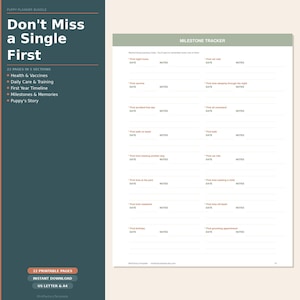 Puede incluir: Un paquete de planificador para cachorros con una barra lateral azul verdoso oscuro con el texto Don't Miss a Single First y cinco secciones. La página principal es un Milestone Tracker blanco con filas para fechas y notas de eventos.