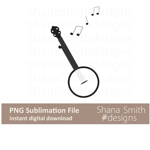Black and white banjo png,music notes,banjo png,banjo clipart,bluegrass design,musical instrument clipart,sublimation,country music png