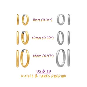 Pendientes de aro de titanio • 8 mm 10 mm 12 mm • Acero inoxidable ASTM F136 puro o PVD de oro de 18 quilates • Sin níquel • Resistentes al agua • Hipoalergénicos