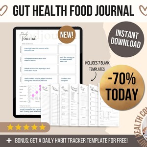 Puede incluir: Una descarga digital para un diario de alimentos para la salud intestinal con 7 plantillas en blanco. El diario incluye secciones para hacer un seguimiento de las comidas, los desencadenantes, las notas y el estado de ánimo. La imagen también incluye una plantilla de seguimiento de hábitos diarios de bonificación. El texto "¡NUEVO!" y "DESCARGA INSTANTÁNEA" se muestra en la imagen. El texto "INCLUYE 7 PLANTILLAS EN BLANCO" y "70 % HOY" también se muestra en la imagen.