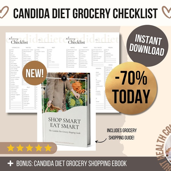 Candida Diet Grocery Shopping List, Healthy Groceries Checklist Template, Printable Grocery List PDF, Candida Diet Food List, Shopping Guide