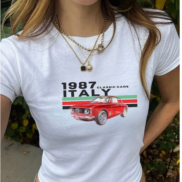 Italy Racing Vintage Car Graphic Baby Tee, Red Classic Retro Race Car, Coquette Shirt, 90s Vintage Style, Souvenir Travel Holiday T-shirt