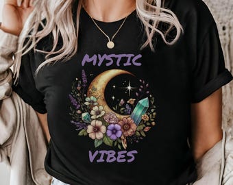 Mystic Vibes T-Shirt: Boho Moon, Crystals & Floral Design
