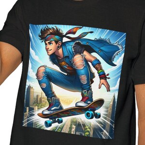 USA-Made Unisex Short-Sleeve Jersey T-Shirt, Young man on flying skateboard, skate boarding shirt, skate boarder Tee