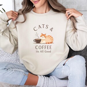 Cats & Coffee Cozy Crewneck Sweatshirt, Cat Lover Gift, Funny Pet Owner Apparel, Relaxing Winter Wear, Casual Comfortable Style
