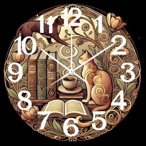 May include: A vintage-style clock with Roman numerals and a decorative design featuring cats, books, and a cup of coffee. The clock face is surrounded by intricate floral patterns and swirls.