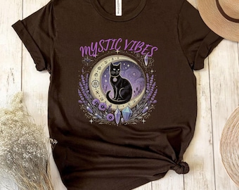 Witchy Black Cat T-Shirt: Gothic Crescent Moon Celestial Tee