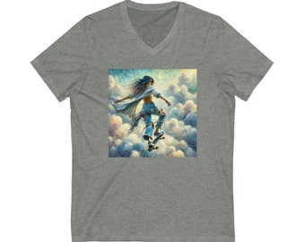 Unisex Jersey Short Sleeve V-Neck Tee woman skateboarding in the clouds