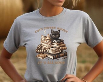 Cat Coffee Book lover Shirt, Bibliophile Gift
