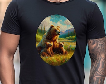 Grizzly Bear Family T-Shirt: Wilderness Meadow Scene