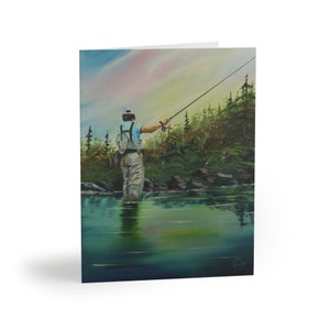 Pesca con mosca, tarjetas de felicitación (8, 16 y 24 piezas) Tarjeta de pescador con mosca, tarjeta de pesca, diseño original, escena de río, recreación al aire libre, Montana