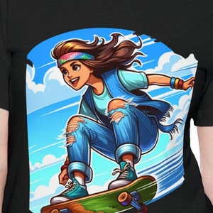 USA-Made Unisex Short-Sleeve Jersey T-Shirt. Cartoon Girl skating, skate boarder tee shirt, skate boarding shirt