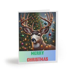 Tarjetas navideñas, ciervo de cola blanca, astas de ciervo, adornos navideños, árbol de Navidad, luces de colores, tarjetas de felicitación (8, 16 y 24 piezas)