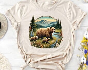 Grizzly Bear Family Meadow Art Unisex Tee