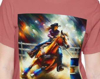 バレルレーシングカウガールTシャツ：アーティスティックなロデオホースシャツ