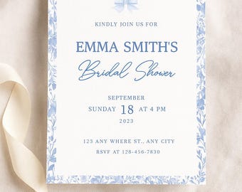 Dusty Blue Bridal Shower Invitation Template | Elegant Floral Border | Editable Canva Download