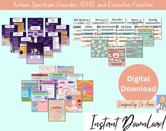 May include: A digital download of printable resources for autism spectrum disorder, ADHD, and executive function. The resources include colourful charts, diagrams, and worksheets. The text "Digital Download" and "Instant Download" is visible in the image.