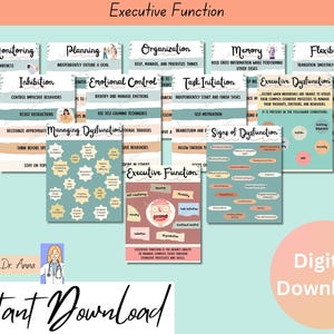 May include: A set of 10 colourful printable posters about executive function. Each poster features a different aspect of executive function, such as self-monitoring, planning, organisation, memory, flexibility, task initiation, and managing dysfunction. The posters are designed in a modern style with illustrations and text.