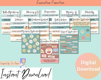 May include: A set of 10 colorful printable posters about executive function. Each poster features a different aspect of executive function, such as self-monitoring, planning, organization, memory, flexibility, task initiation, and managing dysfunction. The posters are designed in a modern style with illustrations and text.