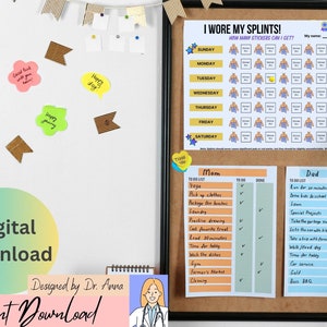 Könnte beinhalten: Ein druckbarer Chart mit einer Checkliste für tägliche Aufgaben für sowohl Mama als auch Papa. Der Chart beinhaltet Aufgaben wie Yoga, Wäsche waschen und Kinder zur Schule fahren. Der Chart beinhaltet auch einen Abschnitt, um zu verfolgen, wie viele Sticker ein Kind für das Tragen seiner Schienen verdienen kann.