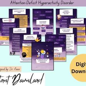 Peut inclure: Un téléchargement numérique d'infographie sur le trouble déficitaire de l'attention avec hyperactivité (TDAH). L'infographie comprend des informations sur les signes courants du TDAH, d'autres aménagements, le dysfonctionnement exécutif, les stratégies d'apaisement, les traitements courants, les stratégies à la maison et à l'école, ainsi que d'autres difficultés cachées. L'infographie est conçue par le Dr Anna.