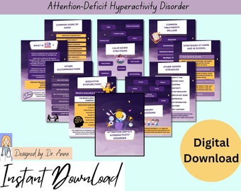 May include: A digital download infographic about Attention-Deficit Hyperactivity Disorder (ADHD). The infographic includes information about common signs of ADHD, other accommodations, executive dysfunction, calm-down strategies, common treatments, strategies at home and in school, and other hidden struggles. The infographic is designed by Dr. Anna.