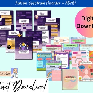 Puede incluir: Una descarga digital de recursos imprimibles para el trastorno del espectro autista y el TDAH. Los recursos incluyen información sobre signos comunes, disfunción ejecutiva, regulación emocional, adaptaciones y más. Los recursos están diseñados por la Dra. Anna.