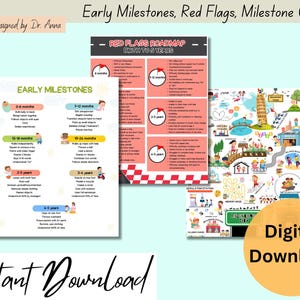 Puede incluir: Una descarga digital con tres gráficos educativos. Un gráfico enumera los primeros hitos, otro detalla las señales de alerta para niños de 0 a 5 años, y el tercero es un mapa de la ciudad de hitos. También son visibles las palabras "Descarga instantánea" y "Descarga digital".