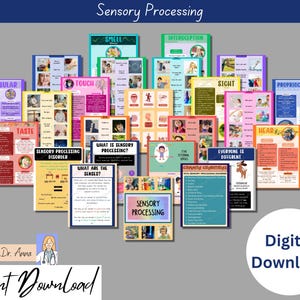 Peut inclure: Un ensemble d'affiches imprimables colorées sur le traitement sensoriel. Les affiches présentent des illustrations d'enfants et du texte sur les différents sens, le trouble du traitement sensoriel et les stratégies d'adaptation.