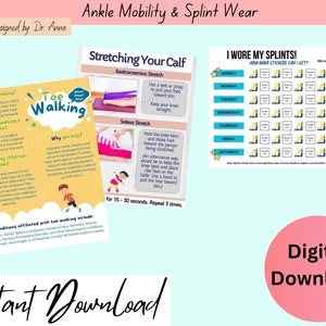 Paquete para caminar de puntillas, calzado ortopédico, estiramiento de pantorrillas, información, padre, niño, profesional médico, cuadro de recompensa de refuerzo positivo.