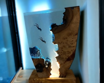 Unique Diver's Night Light - Epoxy Wood, Scuba Diving & Freediving Theme, Deep Sea Exploration Decor, Christmas Gift