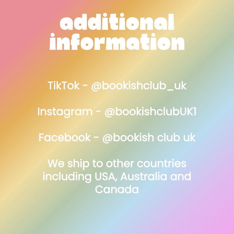 May include: Image with the text "additional information" in white, with social media handles for TikTok, Instagram, and Facebook. The background is a gradient of pink, yellow, and green.