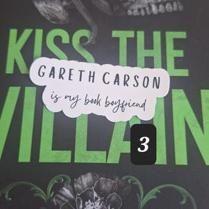 May include: A book cover with the title "Kiss the Villain" in green lettering. A sticker on the cover reads "Gareth Carson is my book boyfriend." The cover features a skull, snake, and floral design.