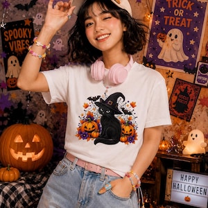 Black Witch Cat Halloween T-Shirt | Pumpkins, Bats, Autumn Leaves