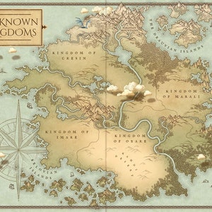 Könnte beinhalten: Eine handgezeichnete Karte einer fiktiven Welt mit dem Titel "The Known Kingdoms". Die Karte zeigt mehrere Königreiche, darunter Cresin, Imare, Oxare und Marali. Die Karte ist im Vintage-Stil mit einem hellbraunen Hintergrund und blauem Wasser gezeichnet.