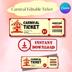 Carnival Ticket Template, Carnival  Editable  canva Ticket, Surprise Circus Gift, Customizable and Printable Carnival Ticket,